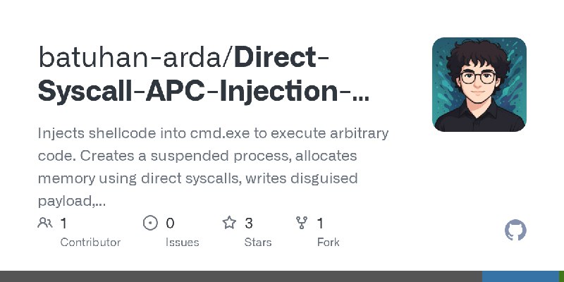 GitHub - batuhan-arda/Direct-Syscall-APC-Injection-PoC-Malware: Injects shellcode into cmd.exe to execute arbitrary code. Creates…