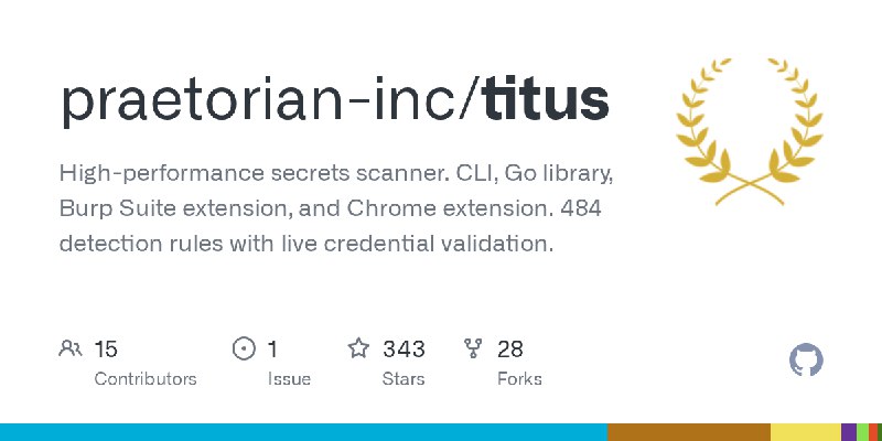 GitHub - praetorian-inc/titus: High-performance secrets scanner. CLI, Go library, Burp Suite extension, and Chrome extension. 484…