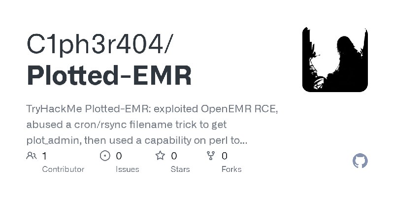 GitHub - C1ph3r404/Plotted-EMR: TryHackMe Plotted-EMR: exploited OpenEMR RCE, abused a cron/rsync filename trick to get plot_admin…