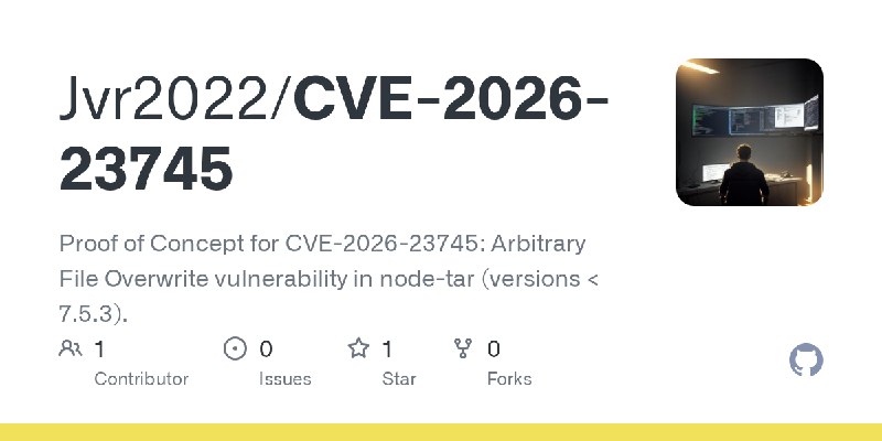 GitHub - Jvr2022/CVE-2026-23745: Proof of Concept for CVE-2026-23745: Arbitrary File Overwrite vulnerability in node-tar (versions…