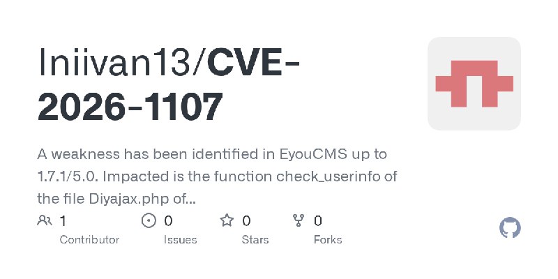 GitHub - Iniivan13/CVE-2026-1107: A weakness has been identified in EyouCMS up to 1.7.1/5.0. Impacted is the function check_userinfo…