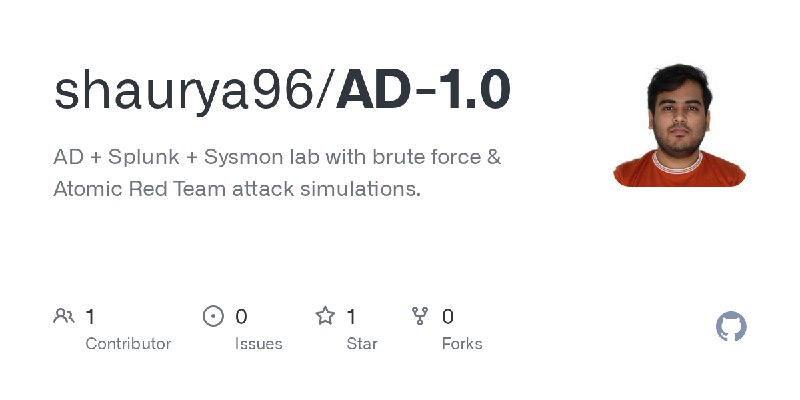 GitHub - shaurya96/AD-1.0: AD + Splunk + Sysmon lab with brute force & Atomic Red Team attack simulations.