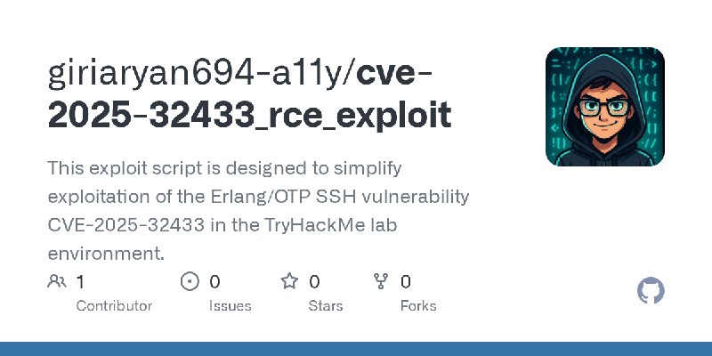 GitHub - giriaryan694-a11y/cve-2025-32433_rce_exploit: This exploit script is designed to simplify exploitation of the Erlang/OTP…
