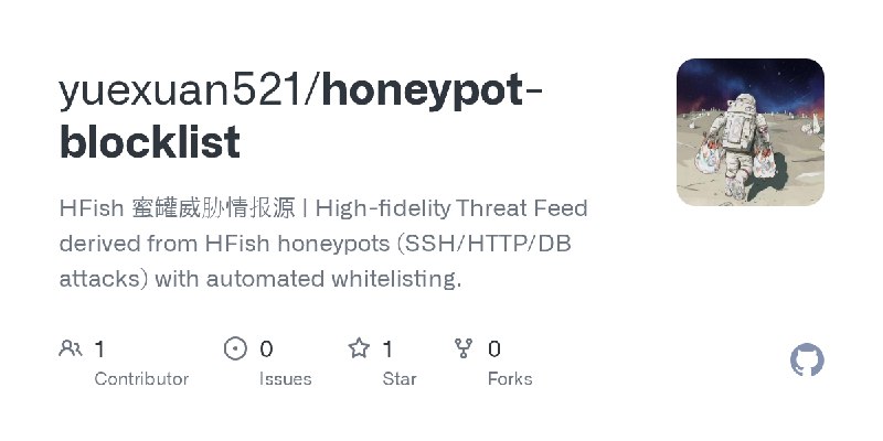 GitHub - yuexuan521/honeypot-blocklist: HFish 蜜罐威胁情报源 | High-fidelity Threat Feed derived from HFish honeypots (SSH/HTTP/DB attacks)…