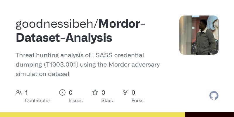 GitHub - goodnessibeh/Mordor-Dataset-Analysis: Threat hunting analysis of LSASS credential dumping (T1003.001) using the Mordor…