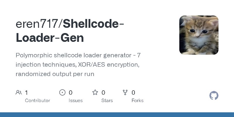 GitHub - eren717/Shellcode-Loader-Gen: Polymorphic shellcode loader generator - 7 injection techniques, XOR/AES encryption, randomized…
