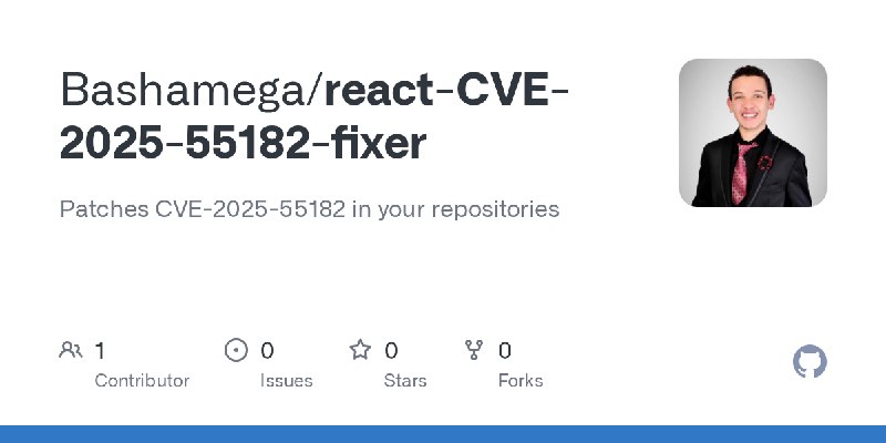 GitHub - Bashamega/react-CVE-2025-55182-fixer: Patches CVE-2025-55182 in your repositories