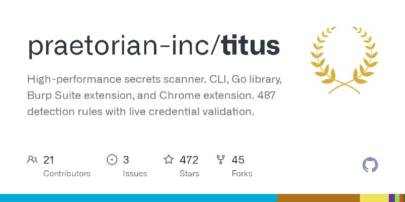GitHub - praetorian-inc/titus: High-performance secrets scanner. CLI, Go library, Burp Suite extension, and Chrome extension. 487…