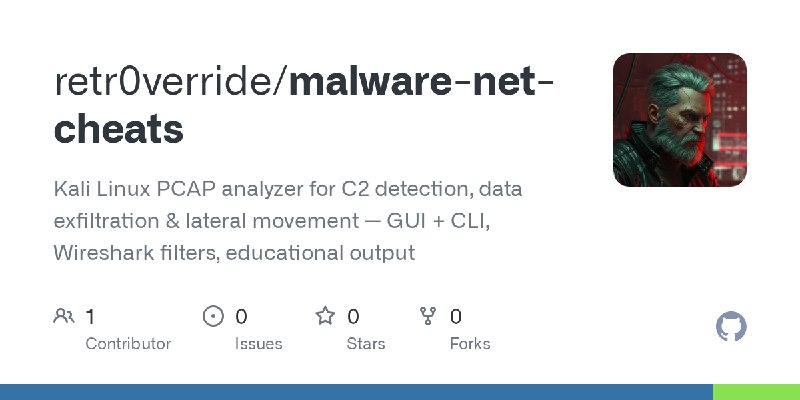 GitHub - retr0verride/malware-net-cheats: Kali Linux PCAP analyzer for C2 detection, data exfiltration & lateral movement — GUI…