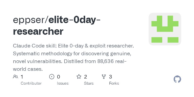 GitHub - eppser/elite-0day-researcher: Claude Code skill: Elite 0-day & exploit researcher. Systematic methodology for discovering…