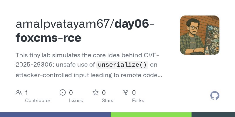 GitHub - amalpvatayam67/day06-foxcms-rce: This tiny lab simulates the core idea behind CVE-2025-29306: unsafe use of `unserialize()`…