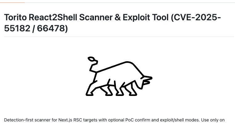 GitHub - ToritoIO/Torito-R2S: Torito React2Shell Scanner & Exploit Tool (CVE-2025-55182 / 66478)