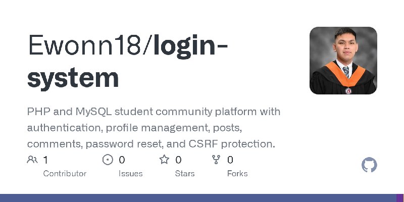 GitHub - Ewonn18/login-system: PHP and MySQL student community platform with authentication, profile management, posts, comments…