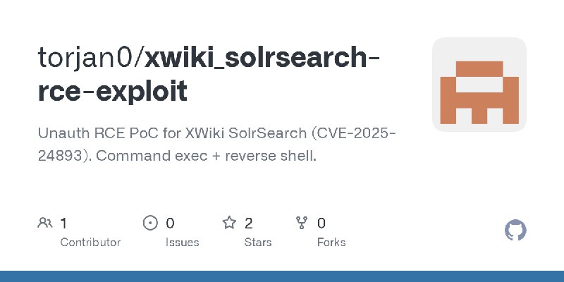 GitHub - torjan0/xwiki_solrsearch-rce-exploit: Unauth RCE PoC for XWiki SolrSearch (CVE-2025-24893). Command exec + reverse shell.